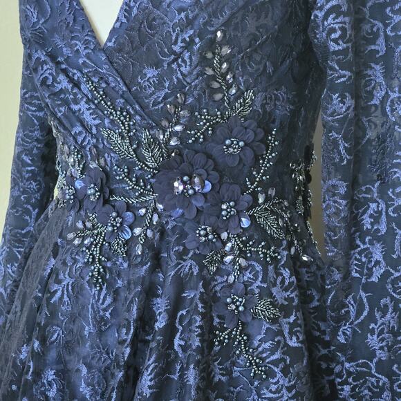 Mac Duggal 112181 Navy Blue 4 Floral Long Sleeve Midi Tea V Formal Gown Dress - Picture 8 of 11